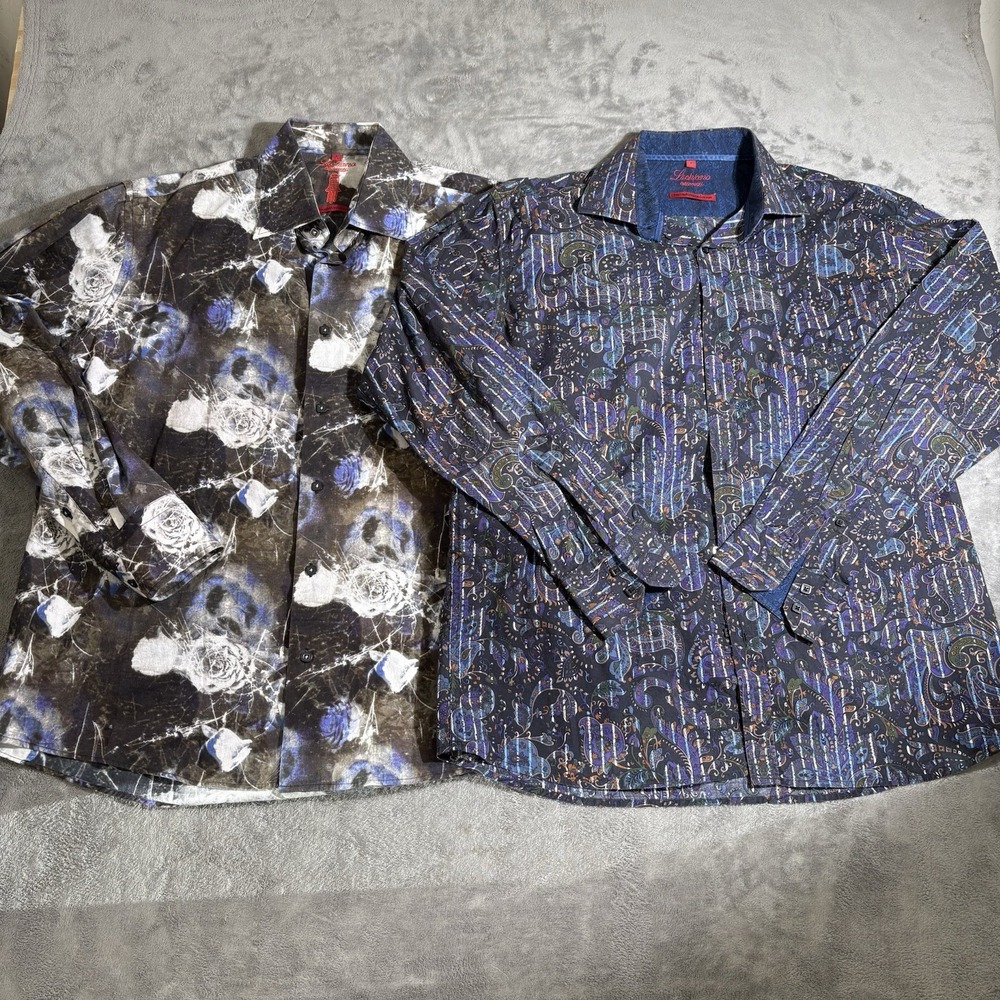 Lot Of 2 Luchiano Visconti Dress Shirt Multicolor Mens L Geometric & Flowers